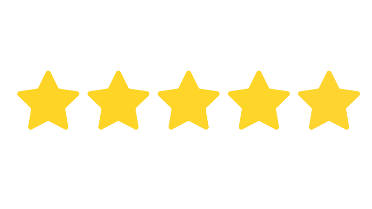 5 Star Review Five yellow stars in a straight line, representing a perfect rating.